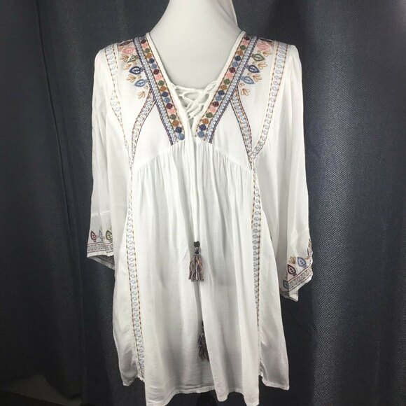 Women Whites Embroidered Multi Tassel Tie V-neckline Lace Up Peasant Top M - Picture 2 of 10
